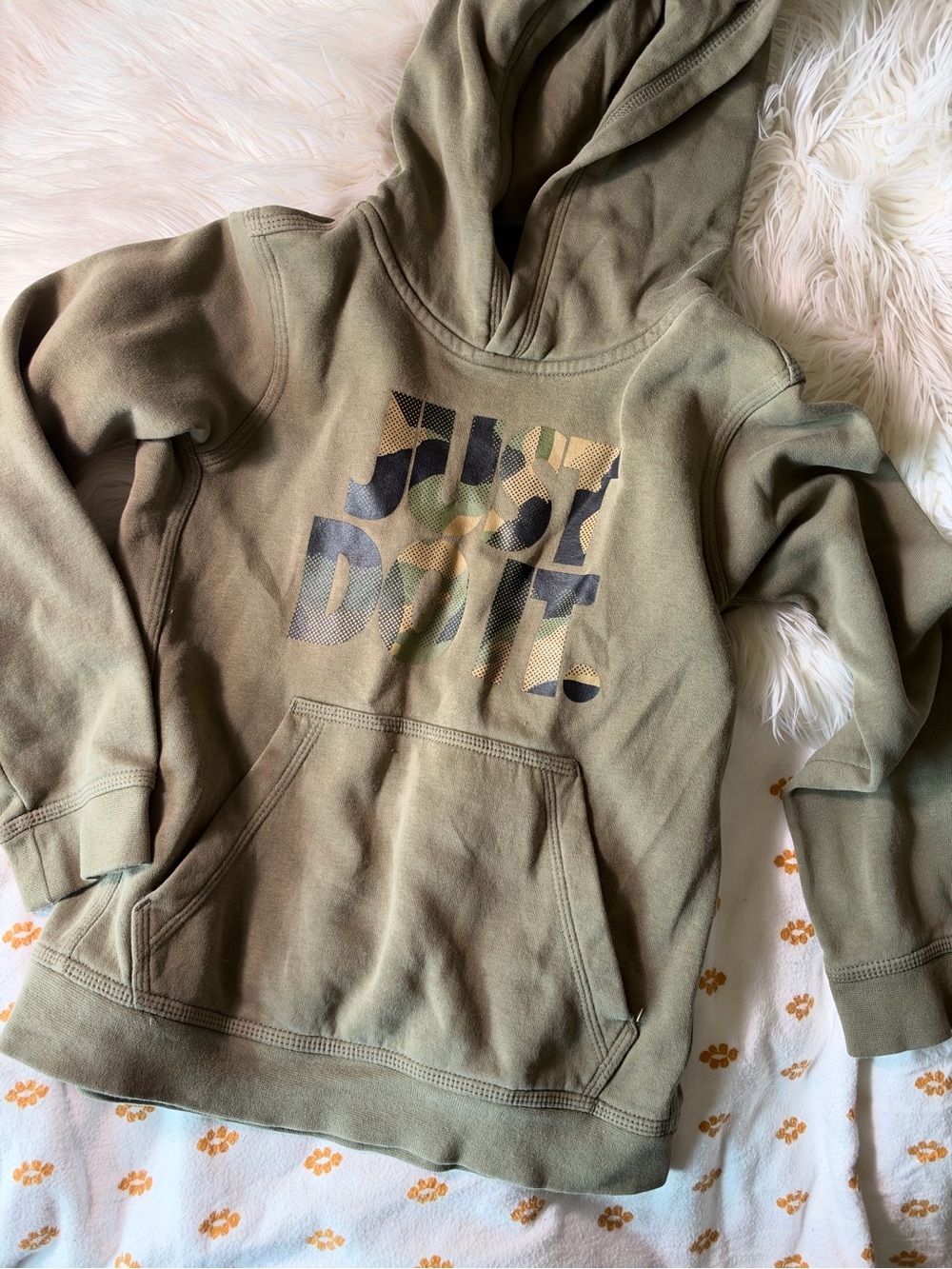 Nike Olive Green Kids Hoodie with Camo 'Just Do It' Graphic